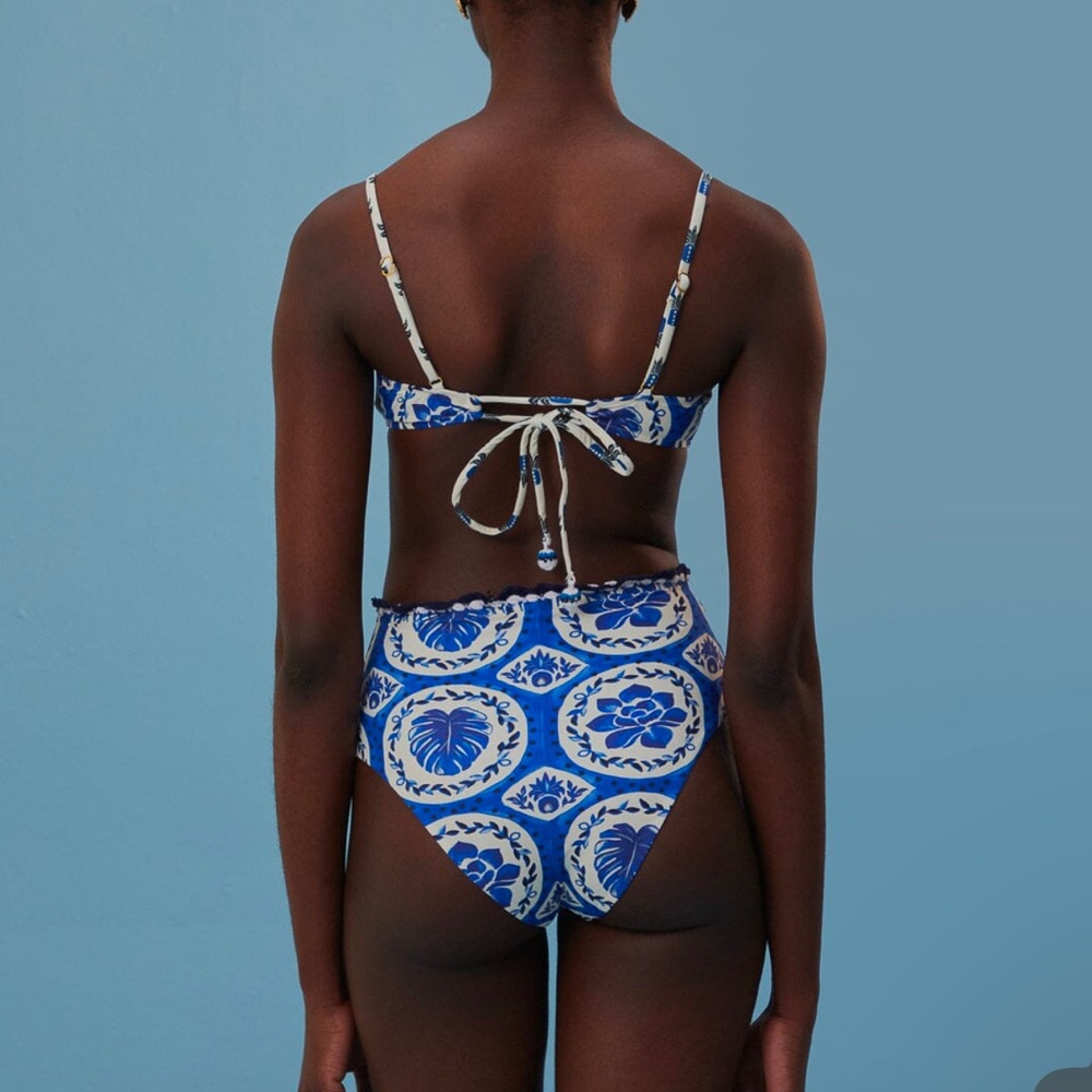 FARM Rio Blue and White Floral Tile Print High-Waist Bikini - Picture 2 of 8